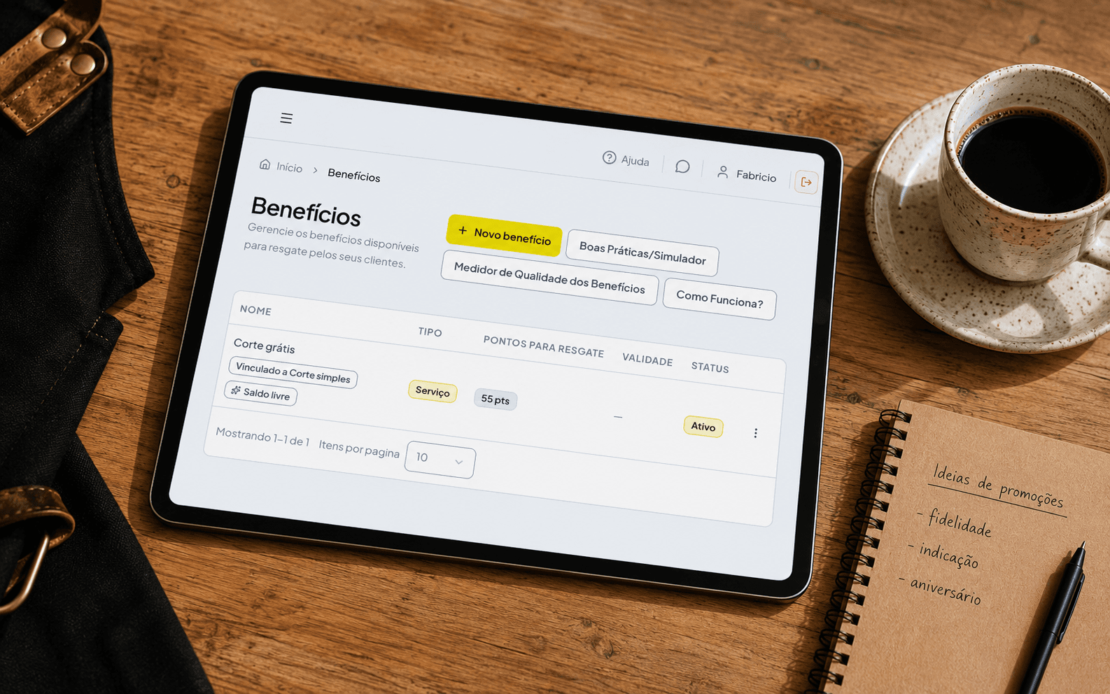 Painel de configuração de benefícios e recompensas